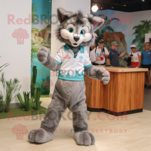 Gray Lynx mascot costume character dressed with a Bermuda Shorts and Hair clips