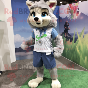 Gray Lynx mascot costume character dressed with a Bermuda Shorts and Hair clips