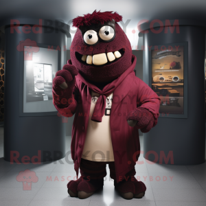 Maroon Frankenstein'S Monster mascot costume character dressed with a Jacket and Scarves