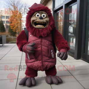 Maroon Frankenstein'S Monster mascot costume character dressed with a Jacket and Scarves