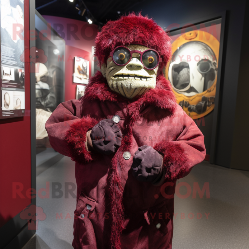 Maroon Frankenstein'S Monster mascot costume character dressed with a Jacket and Scarves