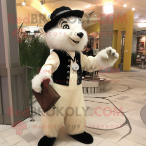 Cream Skunk mascot costume character dressed with a Dress Pants and Handbags