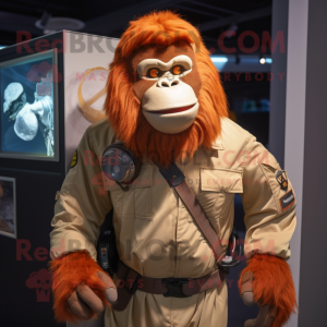 Cream Orangutan mascot costume character dressed with a Bomber Jacket and Belts