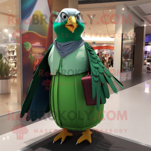 Forest Green Pigeon mascot costume character dressed with a Evening Gown and Briefcases