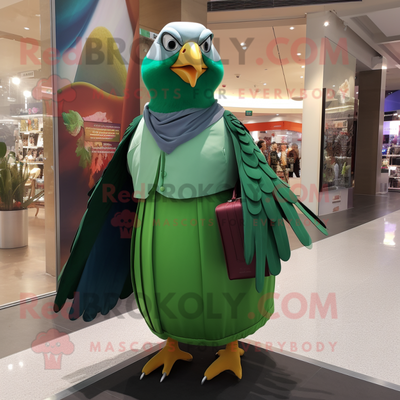 Forest Green Pigeon mascot costume character dressed with a Evening Gown and Briefcases Forest Green Pigeon mascot costume character dressed with a Evening Gown and Briefcases