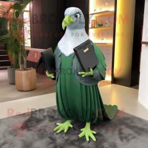 Forest Green Pigeon mascot costume character dressed with a Evening Gown and Briefcases