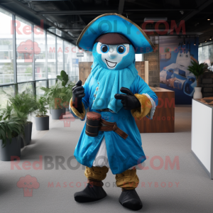 Blue Pirate mascot costume character dressed with a Wrap Dress and Cufflinks