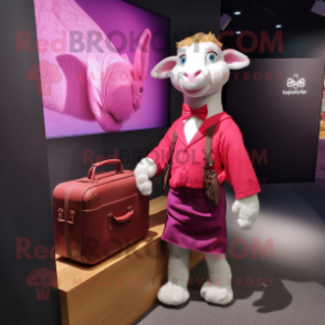 Magenta Boer Goat mascot costume character dressed with a Cardigan and Briefcases