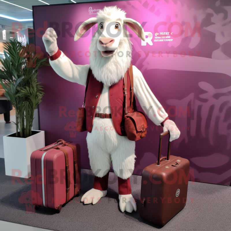 Magenta Boer Goat mascot costume character dressed with a Cardigan and Briefcases Magenta Boer Goat mascot costume character dressed with a Cardigan and Briefcases