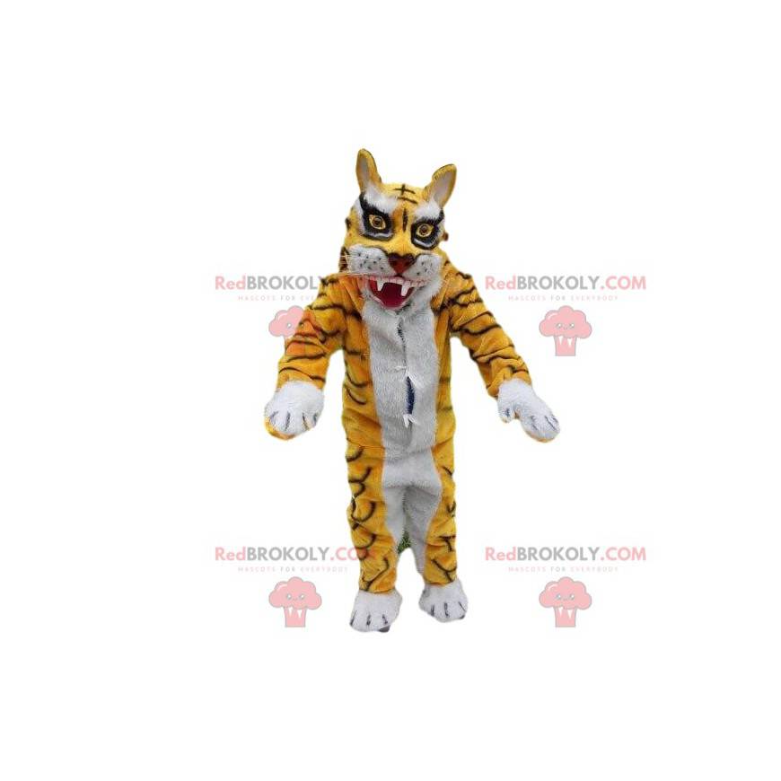 Mascota de traje de tigre amarillo y blanco. Disfraz feroz -