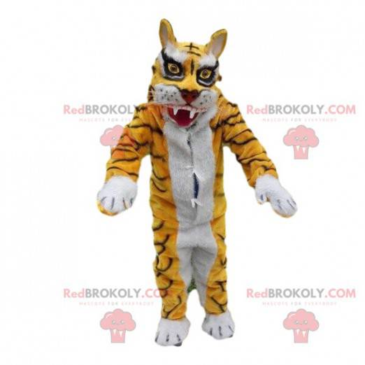 Mascota de traje de tigre amarillo y blanco. Disfraz feroz -