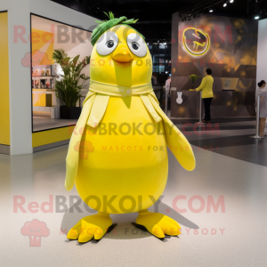 Lemon Yellow Penguin mascot costume character dressed with a A-Line Skirt and Shoe clips