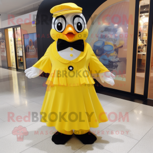 Lemon Yellow Penguin mascot costume character dressed with a A-Line Skirt and Shoe clips
