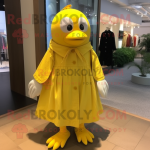 Lemon Yellow Penguin mascot costume character dressed with a A-Line Skirt and Shoe clips
