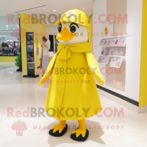 Lemon Yellow Penguin mascot costume character dressed with a A-Line Skirt and Shoe clips