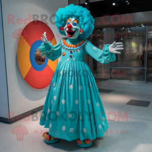 Cyan Clown mascot costume character dressed with a Circle Skirt and Earrings