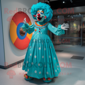 Cyan Clown mascot costume character dressed with a Circle Skirt and Earrings