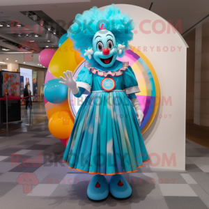 Cyan Clown mascot costume character dressed with a Circle Skirt and Earrings