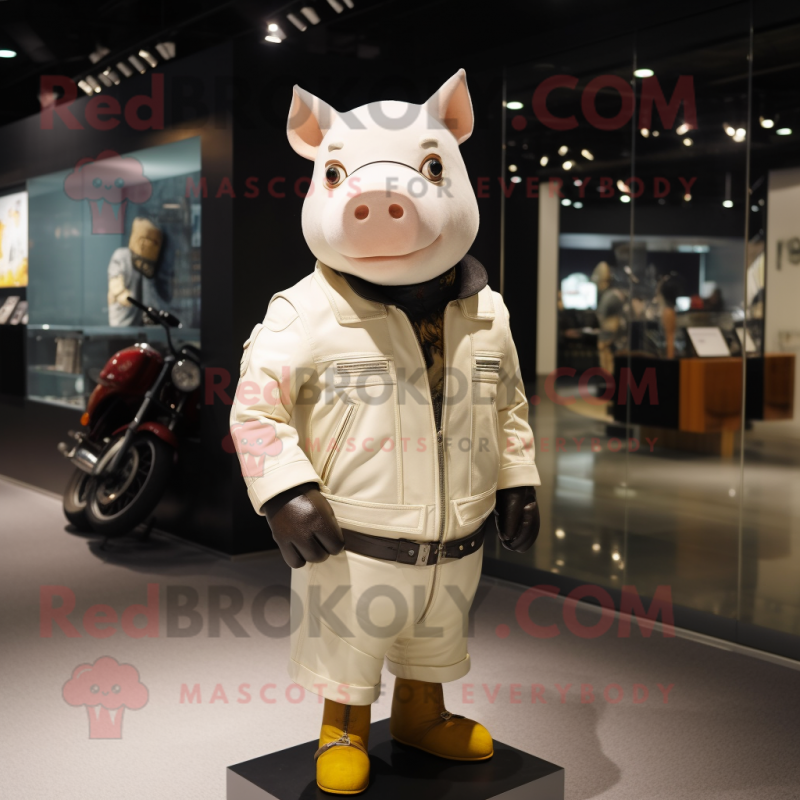Cream Pig mascot costume character dressed with a Moto Jacket and Clutch bags Cream Pig mascot costume character dressed with a Moto Jacket and Clutch bags