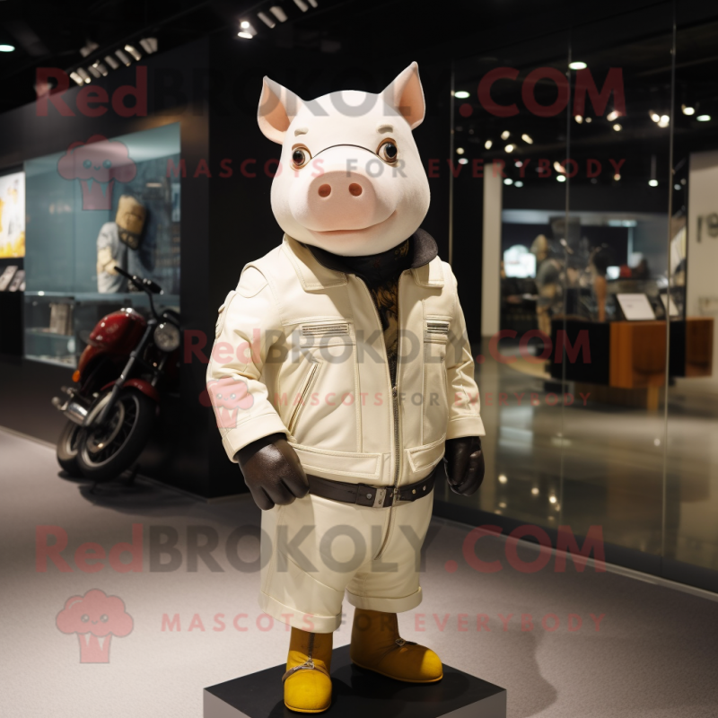 Cream Pig mascot costume character dressed with a Moto Jacket and Clutch bags