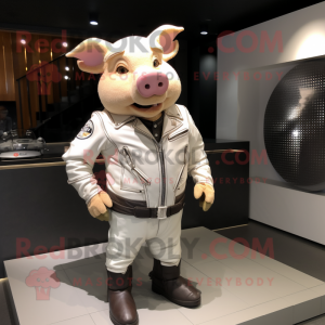 Cream Pig mascot costume character dressed with a Moto Jacket and Clutch bags