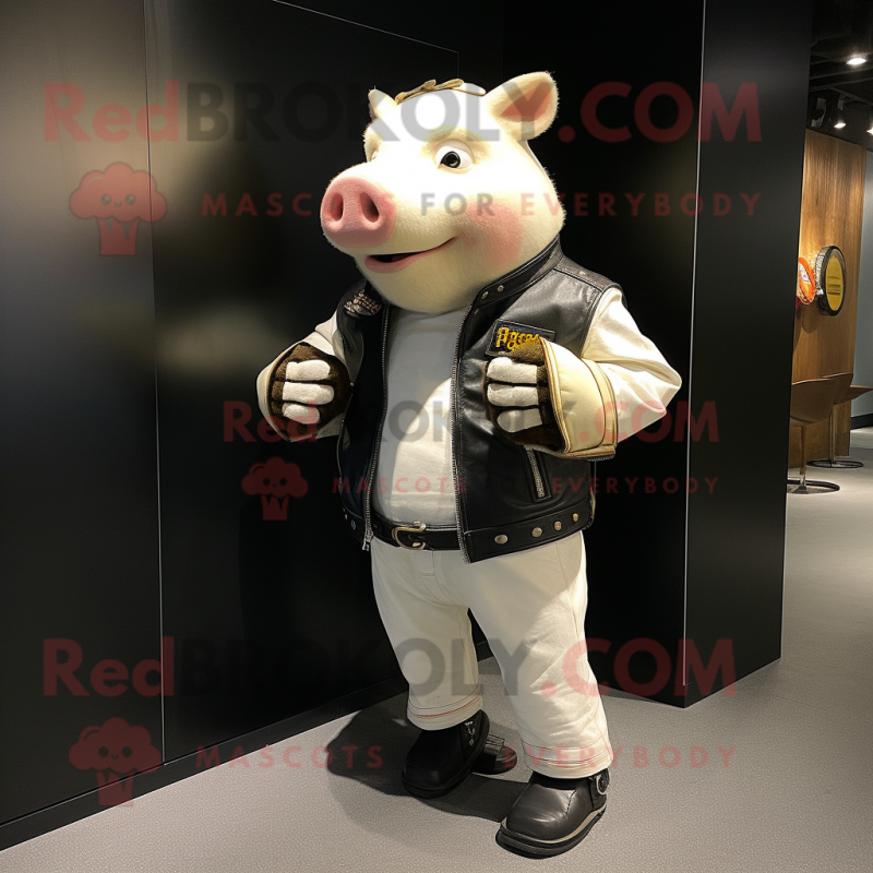 Cream Pig mascot costume character dressed with a Moto Jacket and Clutch bags