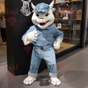 White Devil mascot costume character dressed with a Denim Shirt and Caps