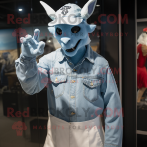 White Devil mascot costume character dressed with a Denim Shirt and Caps