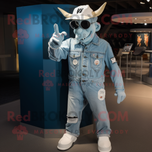 White Devil mascot costume character dressed with a Denim Shirt and Caps