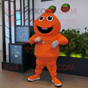 Orange Pepper mascot costume character dressed with a Joggers and Digital watches