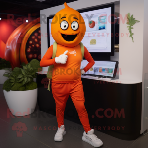 Orange Pepper mascot costume character dressed with a Joggers and Digital watches