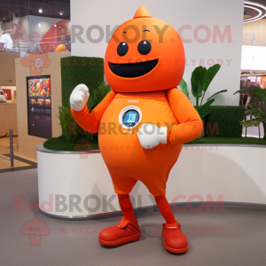Orange Pepper mascot costume character dressed with a Joggers and Digital watches
