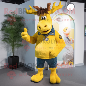 Yellow Moose mascot costume character dressed with a Skinny Jeans and Rings