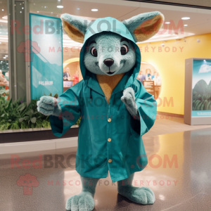 Teal Kangaroo mascot costume character dressed with a Raincoat and Bracelet watches