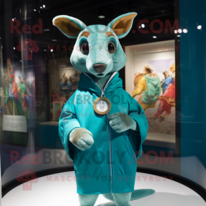 Teal Kangaroo mascot costume character dressed with a Raincoat and Bracelet watches