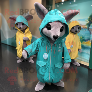 Teal Kangaroo mascot costume character dressed with a Raincoat and Bracelet watches