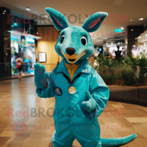 Teal Kangaroo mascot costume character dressed with a Raincoat and Bracelet watches