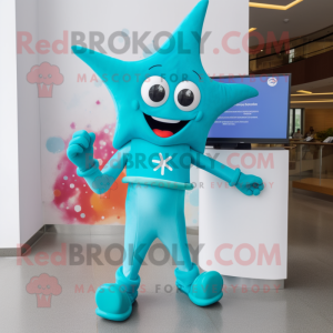 Turquoise Starfish mascot costume character dressed with a Leggings and Smartwatches