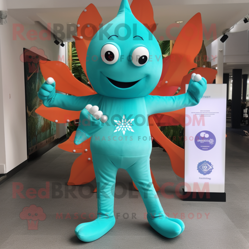 Turquoise Starfish mascot costume character dressed with a Leggings and Smartwatches