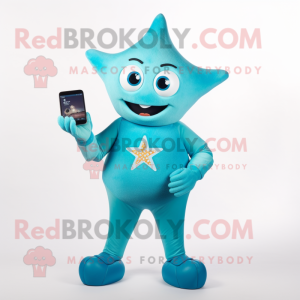 Turquoise Starfish mascot costume character dressed with a Leggings and Smartwatches