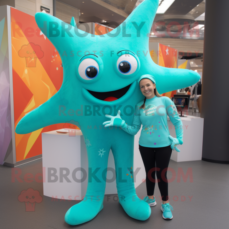 Turquoise Starfish mascot costume character dressed with a Leggings and Smartwatches