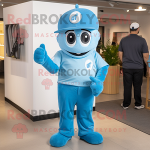 Sky Blue Raspberry mascot costume character dressed with a Polo Shirt and Belts