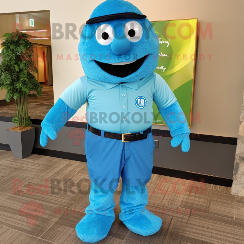 Sky Blue Raspberry mascot costume character dressed with a Polo Shirt and Belts