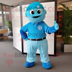 Sky Blue Raspberry mascot costume character dressed with a Polo Shirt and Belts