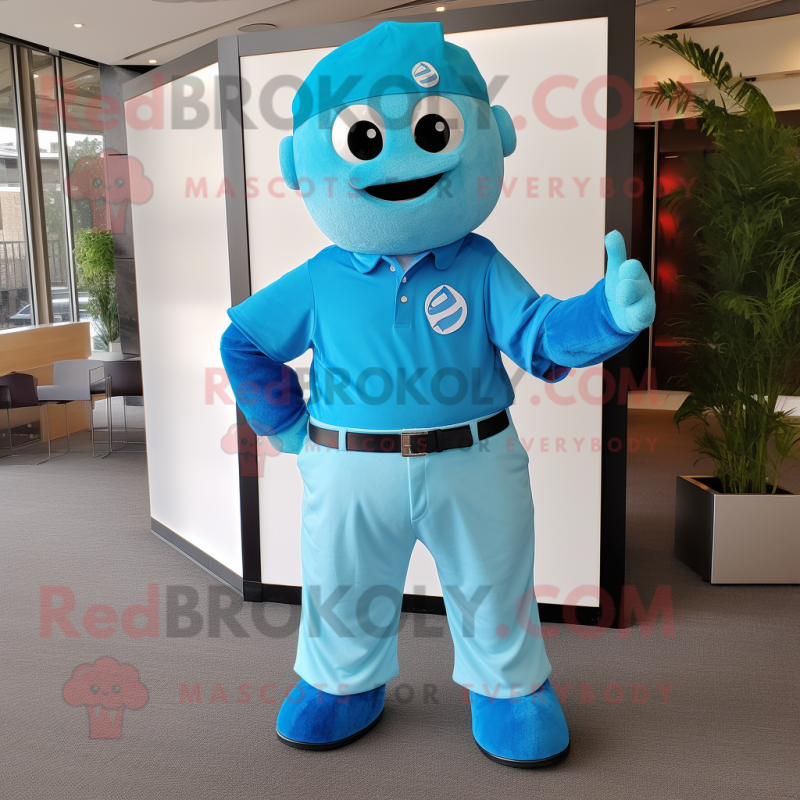 Sky Blue Raspberry mascot costume character dressed with a Polo Shirt and Belts Sky Blue Raspberry mascot costume character dressed with a Polo Shirt and Belts