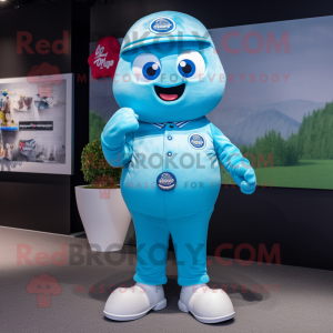 Sky Blue Raspberry mascot costume character dressed with a Polo Shirt and Belts