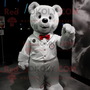 Silver Teddy Bear mascot costume character dressed with a Button-Up Shirt and Shoe clips