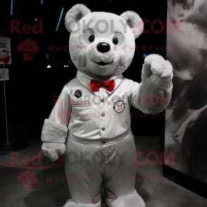 Silver Teddy Bear mascot costume character dressed with a Button-Up Shirt and Shoe clips