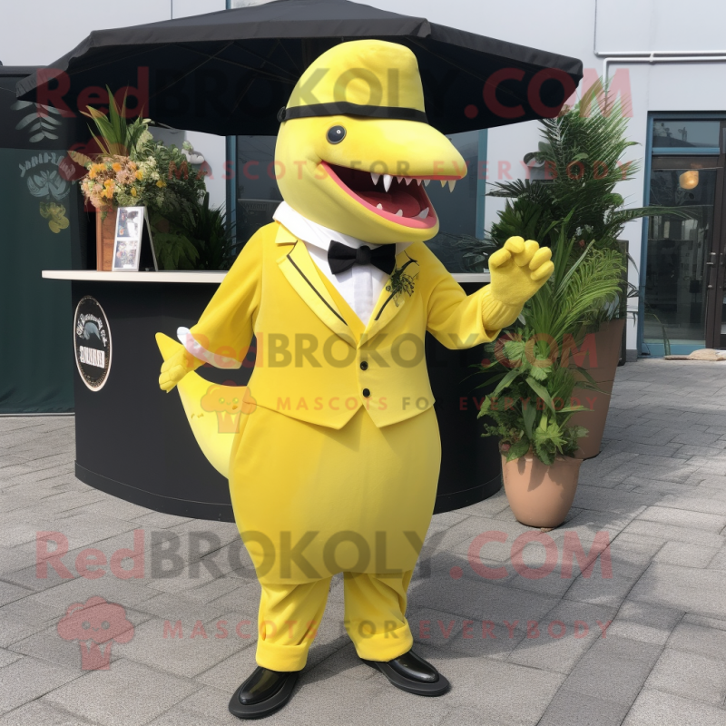 Lemon Yellow Shark mascot costume character dressed with a Cocktail Dress and Berets