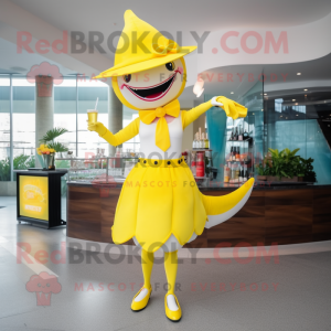 Lemon Yellow Shark mascot costume character dressed with a Cocktail Dress and Berets